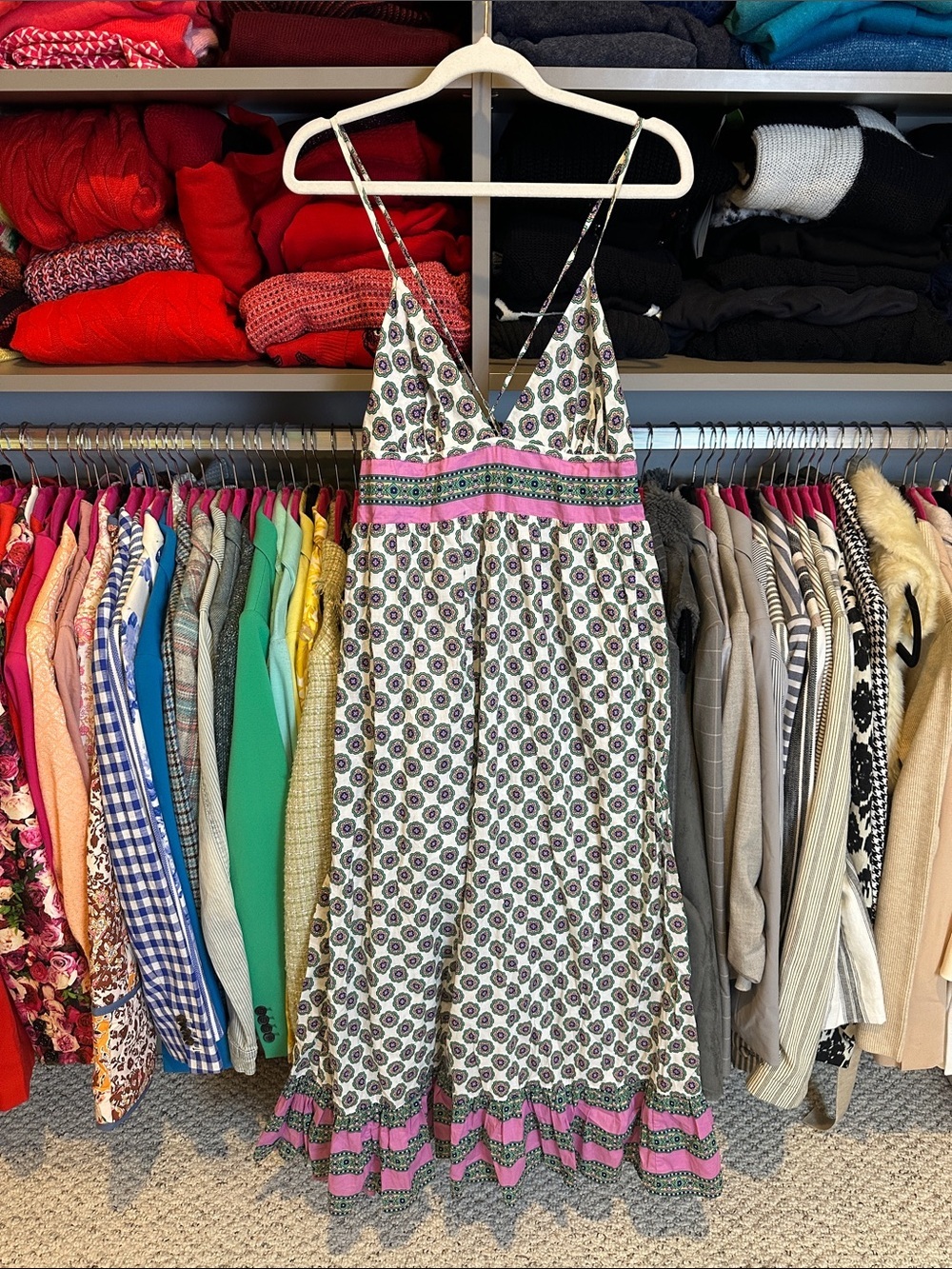 J Crew 100% cotton pink/green/white print lined maxi dress size M
